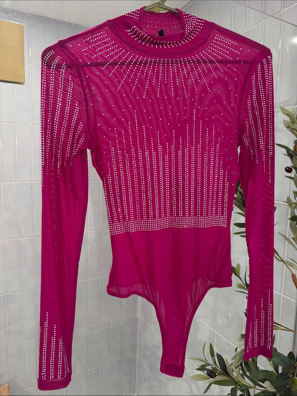 Fuchsia Rhinestone Mesh Long-Sleeve Bodysuit - Women